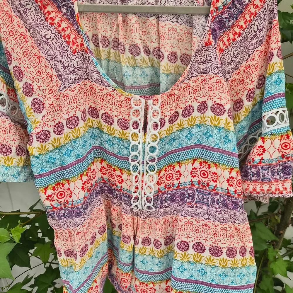 Latitude 10 Womens Boho Paisley Peasant Top Bell Sleeve Crochet Trim - Sz 2X - Picture 4 of 8